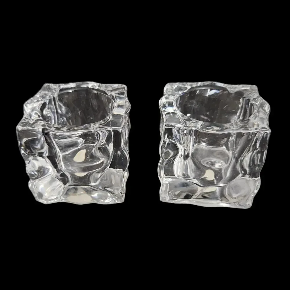 Vintage Pair Clear Ice Cube Glass Votive Candle Holders 2.5
